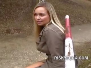 Blonde euro call girl public X rated movie play with people walking right by