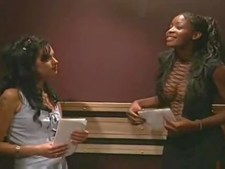 Turned on Interracial lesbian dirty clip in elevator